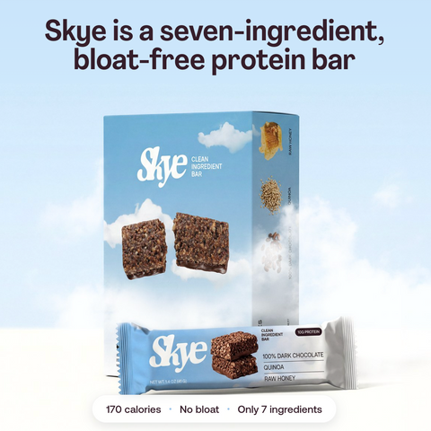 Skye Bar Honey Cacao clean ingredient protein bar, front of the 7-bar box